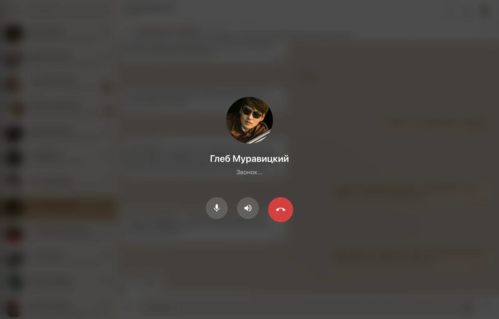 Экран аудиозвонка в Relic Chat — микрофон, динамик и завершение вызова